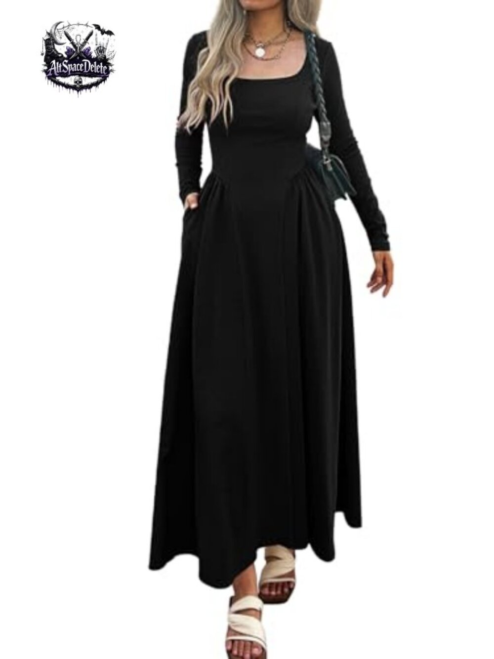 Women Square Neck Long Sleeve Patchwork Ribbed Knit Flowy A-Line Maxi Dress